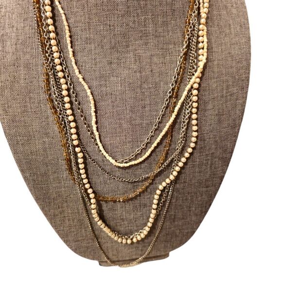 Long Seven Strand Silver-tone, Faux Pearl, and Bead Chain Necklace - Picture 6 of 12